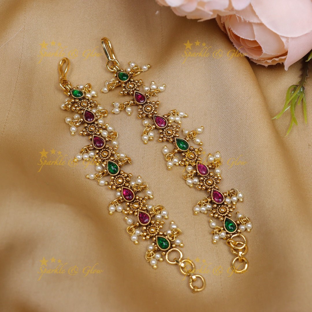 Stunning Waterdrop Floral carved Kemp Mattal with pearls - Pearl - Sparkle and Glow - Pearl - 