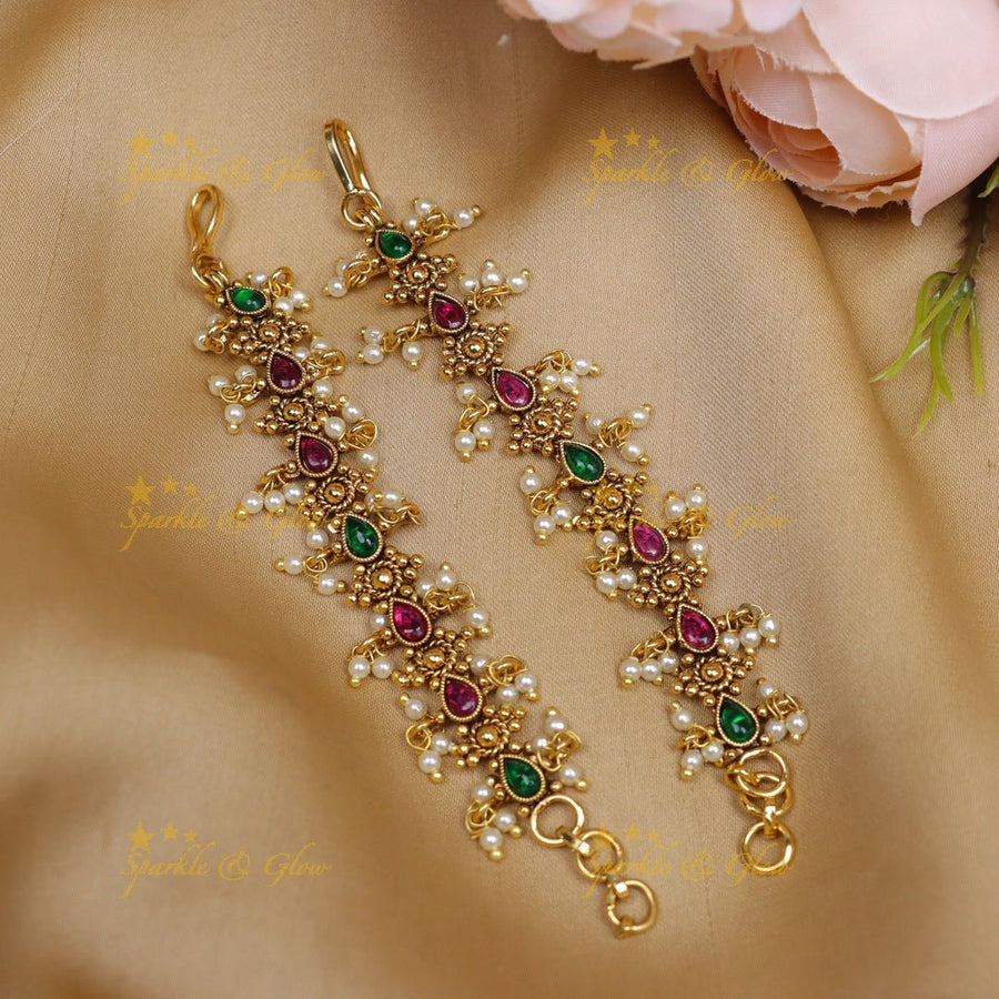 Stunning Waterdrop Floral carved Kemp Mattal with pearls - Pearl - Sparkle and Glow - Pearl - 