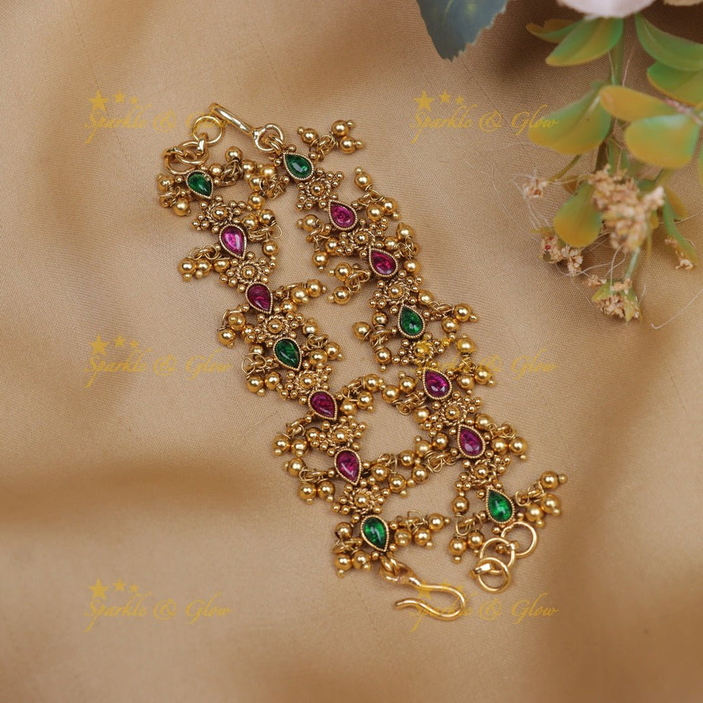 Stunning Waterdrop Floral carved Kemp Mattal with pearls - Pearl - Sparkle and Glow - Gold - 