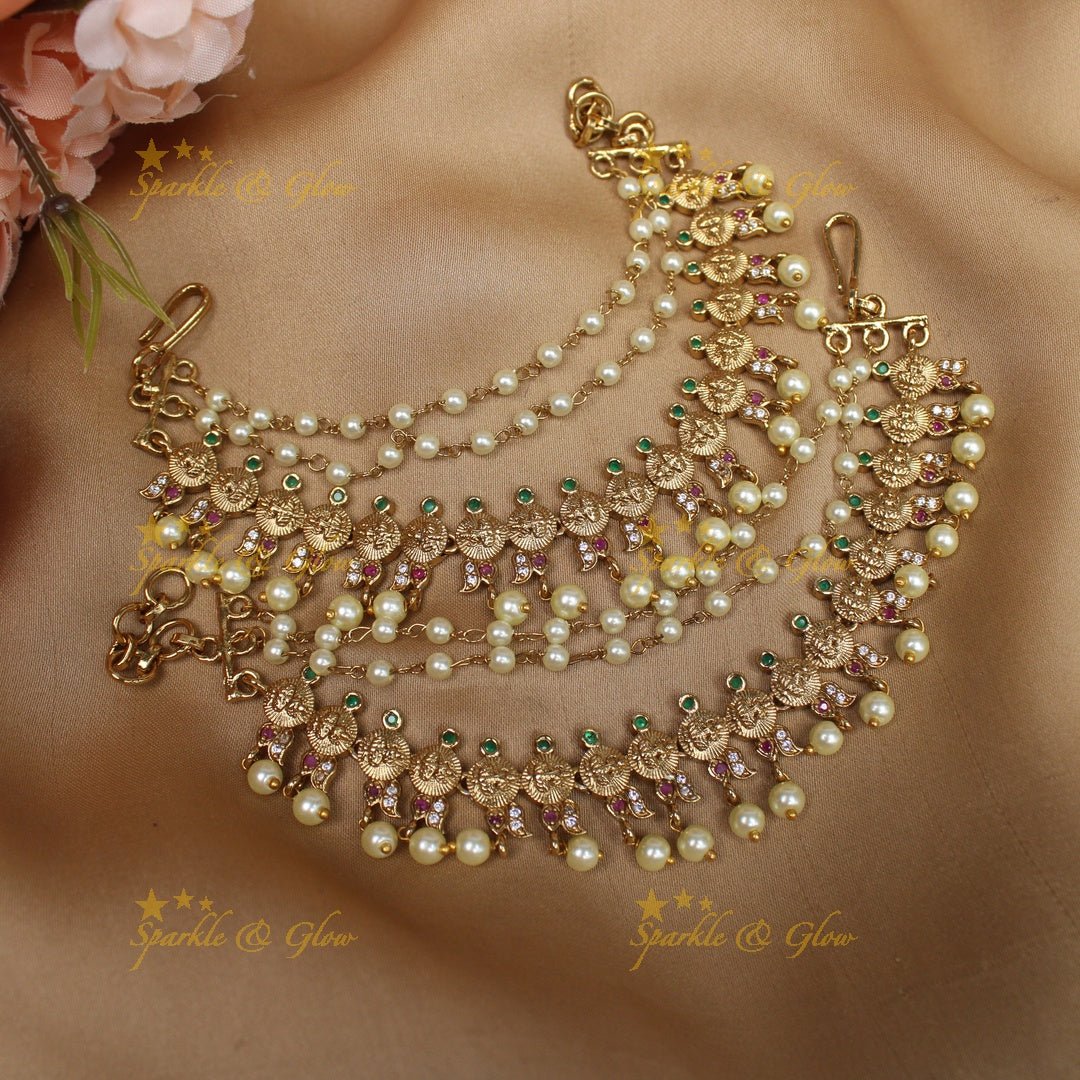 Stunning Idol Lakshmi Mango carved Kemp Earchain with stones - Sparkle and Glow - 