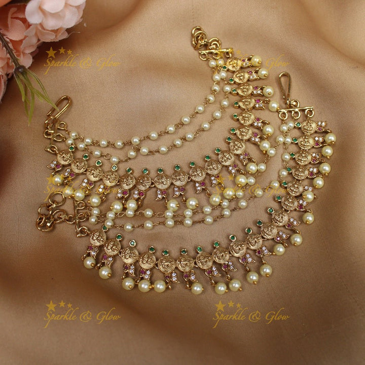 Stunning Idol Lakshmi Mango carved Kemp Earchain with stones - Sparkle and Glow - 