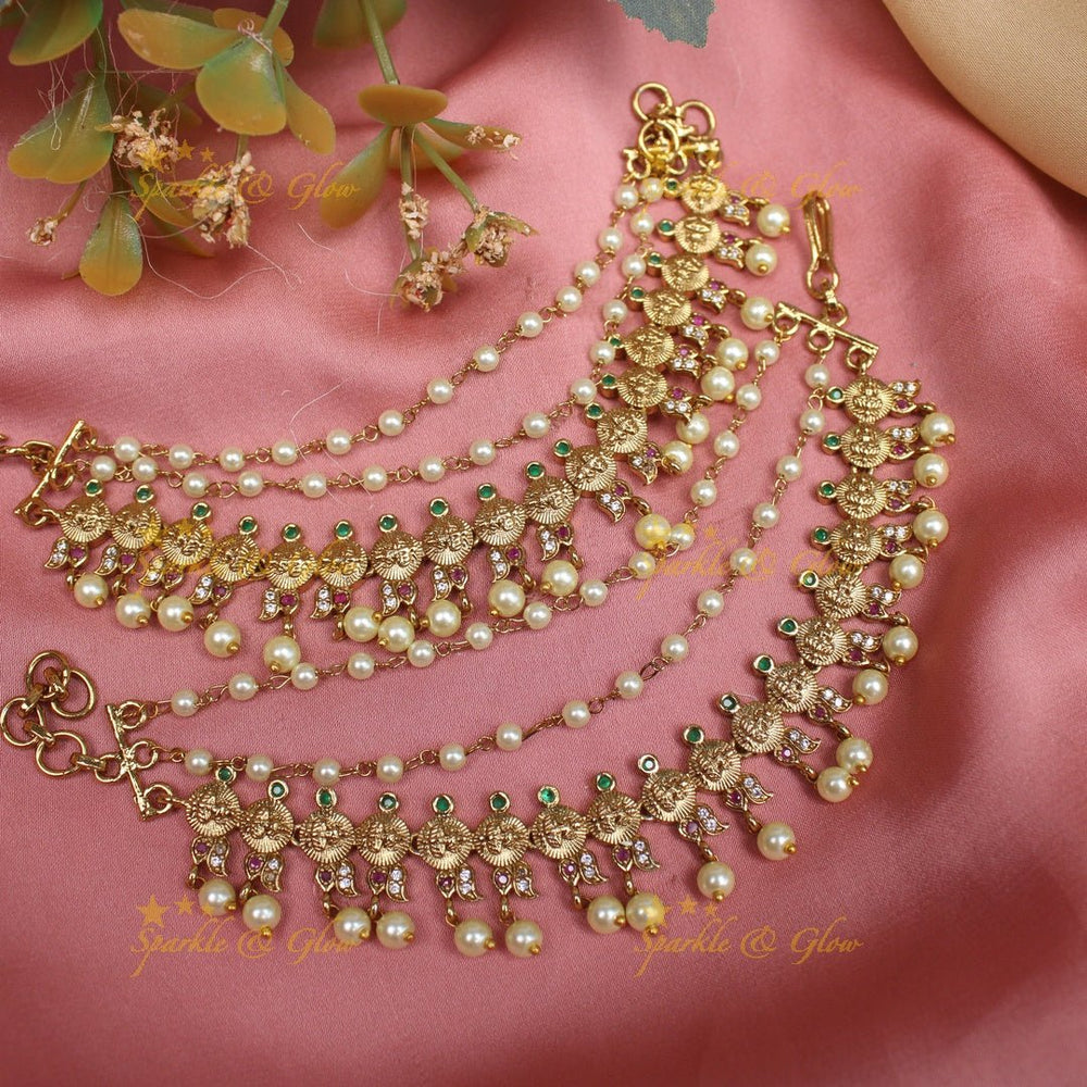 Stunning Idol Lakshmi Mango carved Kemp Earchain with stones - Sparkle and Glow - 