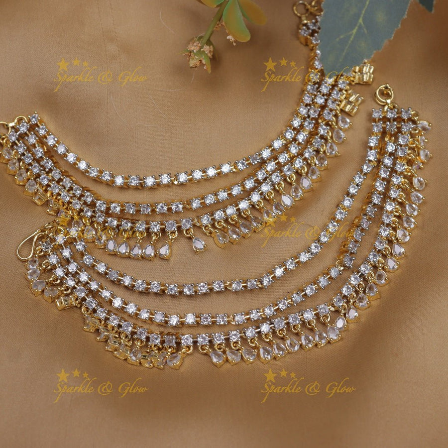 Statement Three layered American diamond Earchain with waterdrop hanging - Sparkle and Glow - 