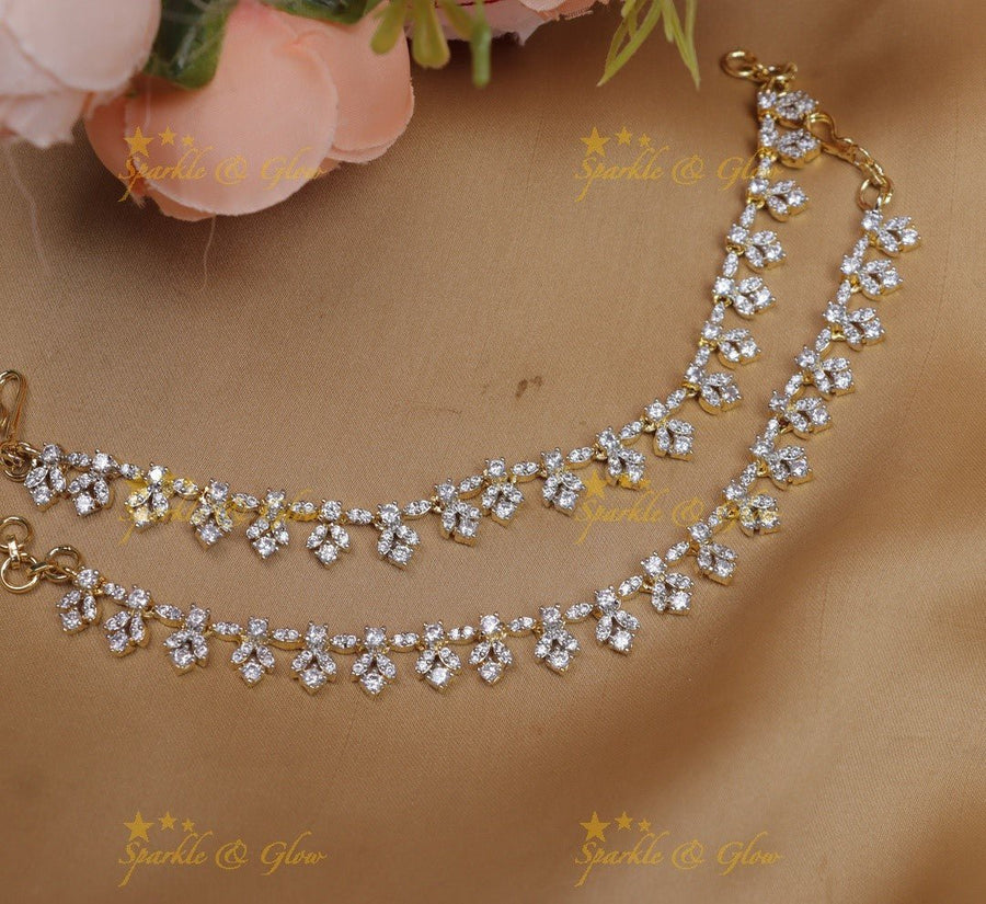 Beautiful Leaf Floral design Single Line AD Earchain - Sparkle and Glow - 