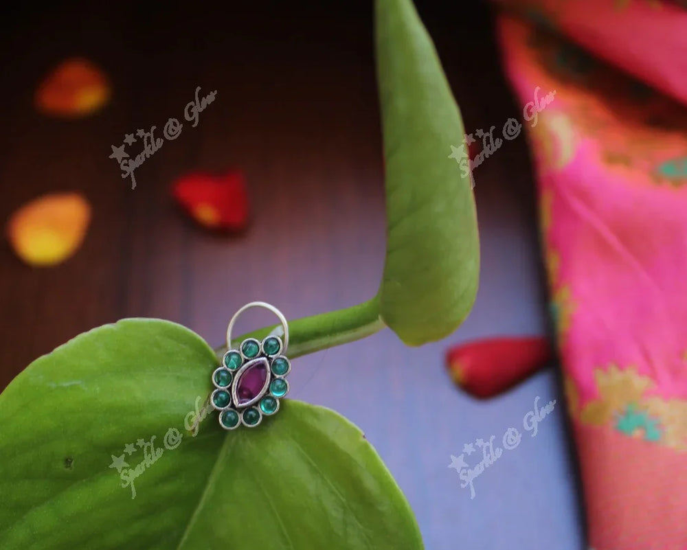 Sterling silver semi precious stone pierced nose pin - Pink - Sparkle and Glow