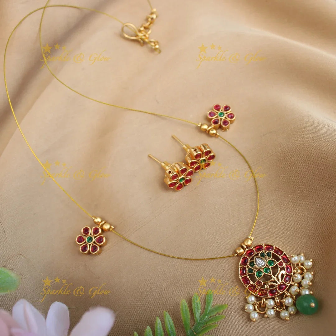 Elegant Lotus Flower design Jadau guttapusalu invisible short necklace-Gold - Sparkle and Glow