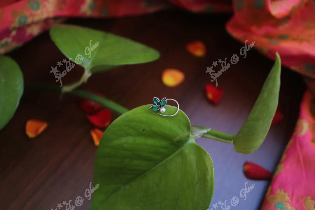 Sterling silver semi precious stone pierced nose pin - Green Pearl - Sparkle and Glow