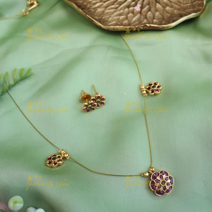 Gracious Multi Floral pendant carved Jadau invisible short necklace - Sparkle and Glow