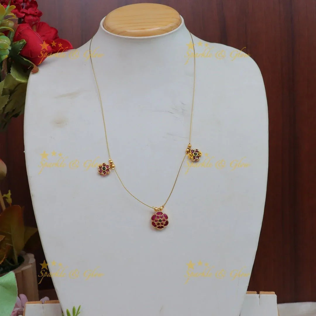 Gracious Multi Floral pendant carved Jadau invisible short necklace - Sparkle and Glow