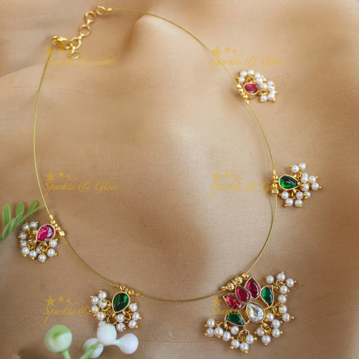 Sparkling Lotus Flower design Jadau invisible short necklace-Rubywhite - Sparkle and Glow