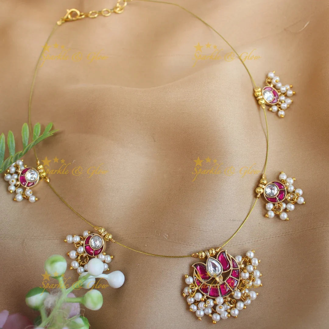 Gracious Half moon Lotus Floral Jadau invisible short necklace-Multi - Sparkle and Glow