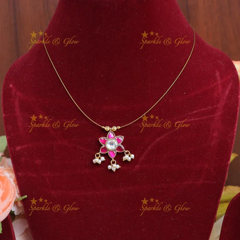 Beautiful Star Flower pendant carved Jadau guttapusalu invisible short necklace - Sparkle and Glow