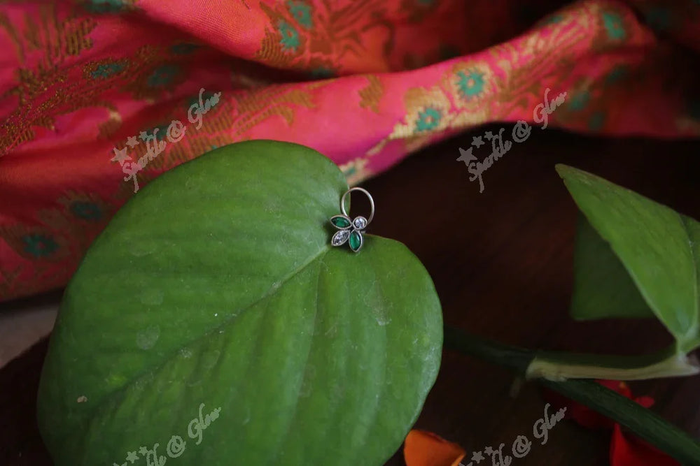 Sterling silver semi precious stone pierced nose pin - Green Pearl - Sparkle and Glow