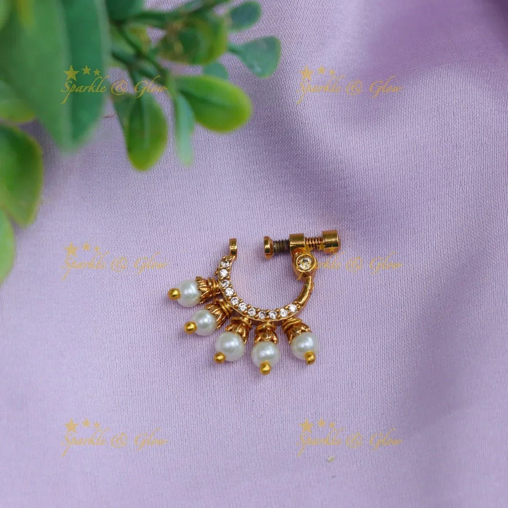 Gold alike polished pearl with AD stones nose pin - White - Sparkle and Glow