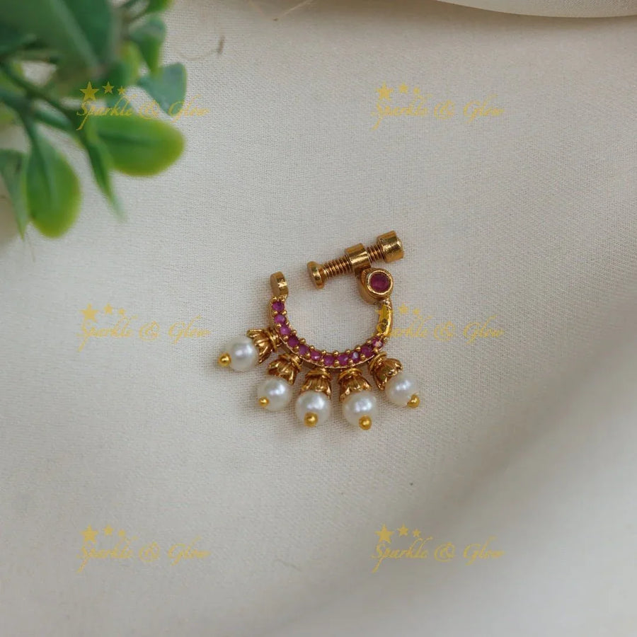 Gold alike polished pearl with AD stones nose pin - White - Sparkle and Glow