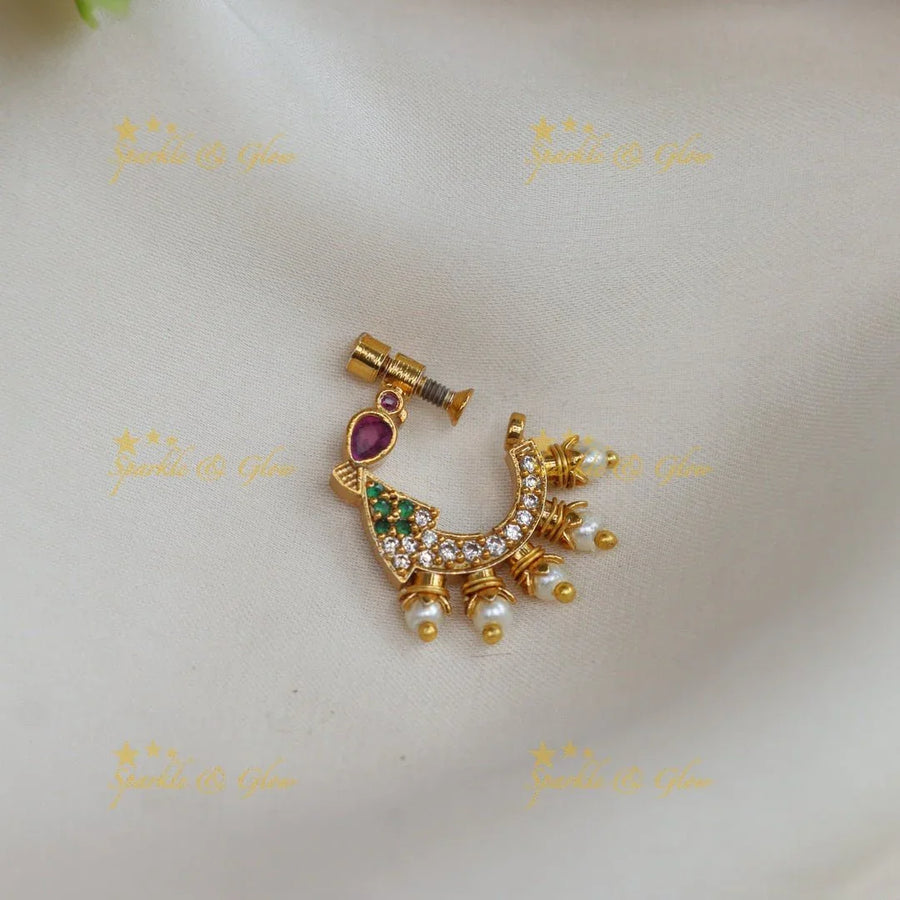 Gold alike polished peacock design multi colour nose pin - Sparkle and Glow