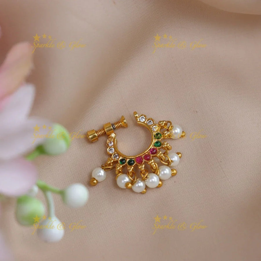 Elegant multi colour AD stones with white pearl nose pin - Sparkle and Glow