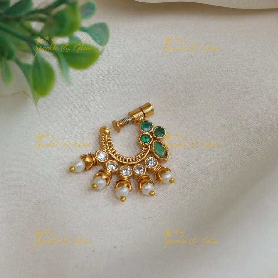 Gold alike polished green and white AD stones nose pin - Sparkle and Glow