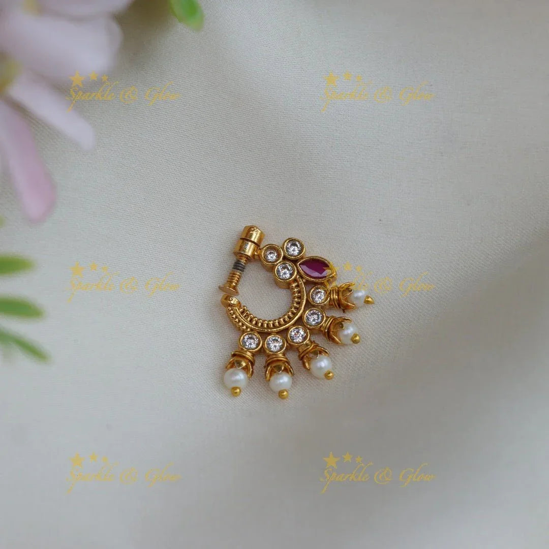 Gold alike polished green and white AD stones nose pin - Sparkle and Glow