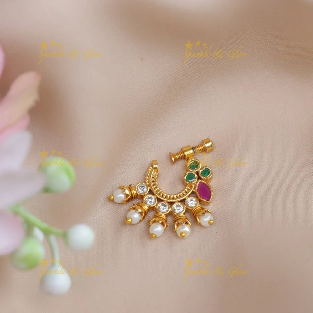 Gold alike polished green and white AD stones nose pin - Sparkle and Glow