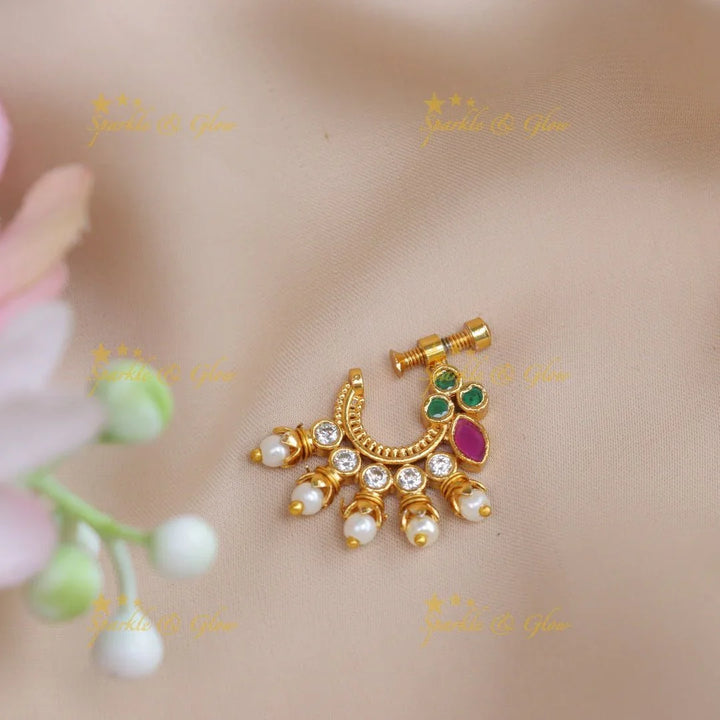 Gold alike polished green and white AD stones nose pin - Sparkle and Glow