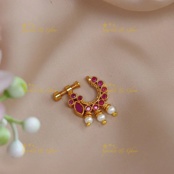Gold alike polished green and white AD stones nose pin - Sparkle and Glow