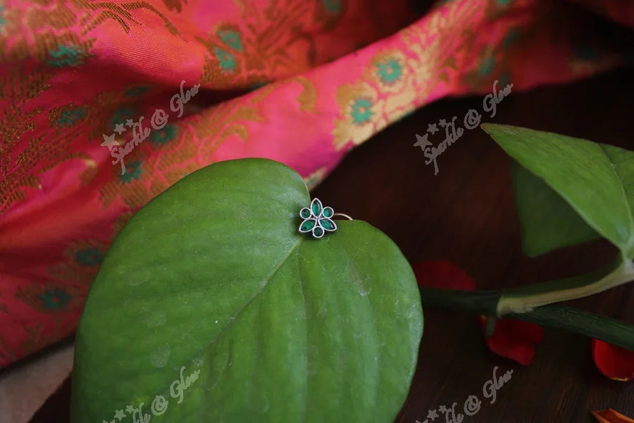 Sterling silver semi precious stone pierced nose pin - Green - Sparkle and Glow