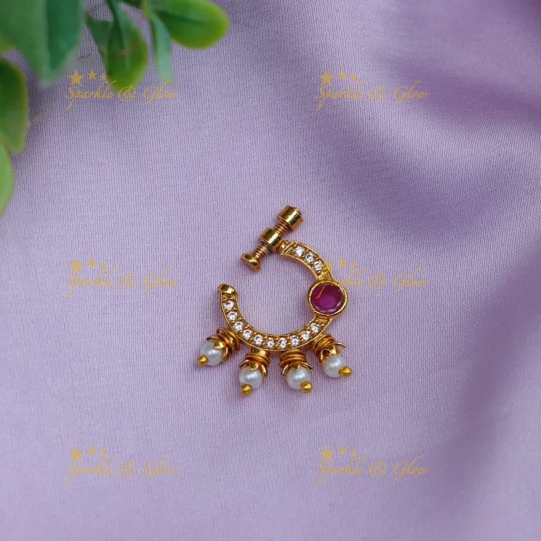 Gold polished pink and white half moon shaped nose pin - Sparkle and Glow