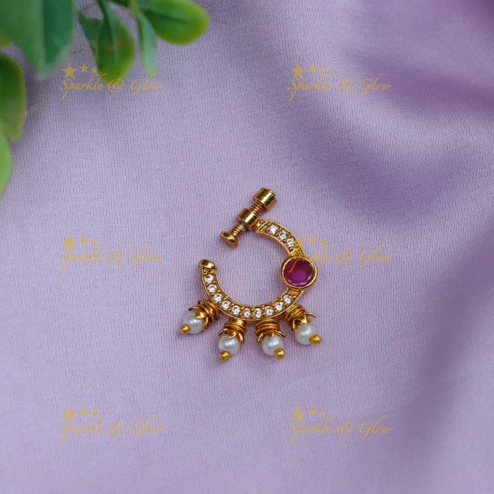 Gold polished pink and white half moon shaped nose pin - Sparkle and Glow