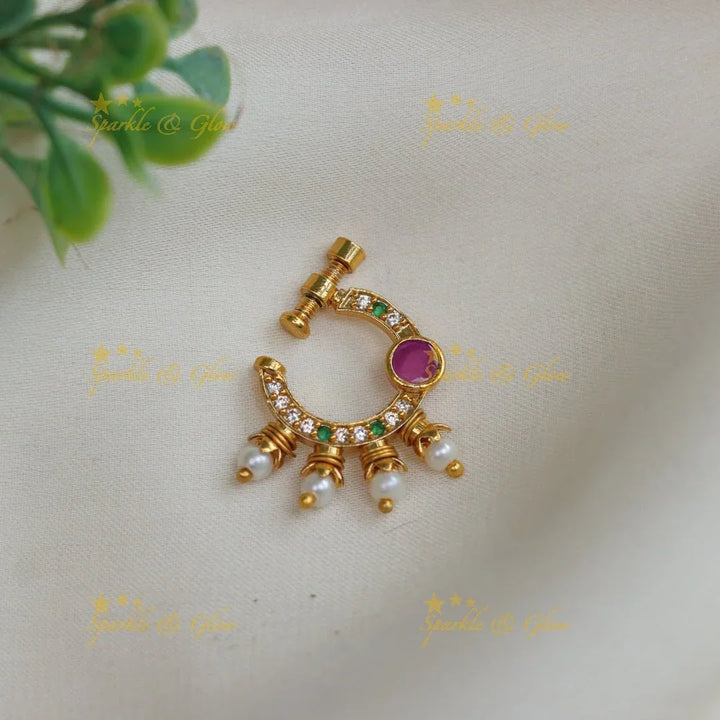 Gold polished pink and white half moon shaped nose pin - Sparkle and Glow