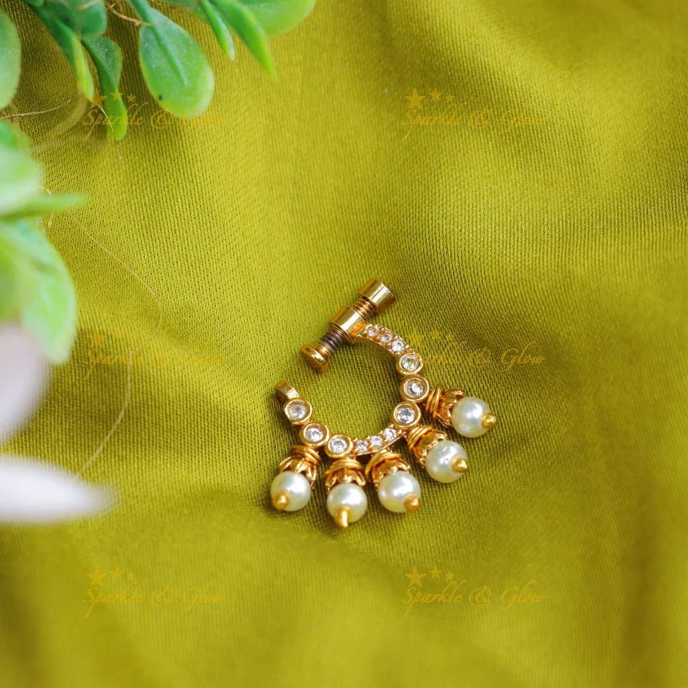 Beautiful AD stones and pearl nose pin - White - Sparkle and Glow