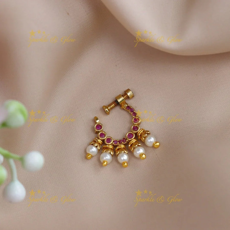 Beautiful AD stones and pearl nose pin - White - Sparkle and Glow