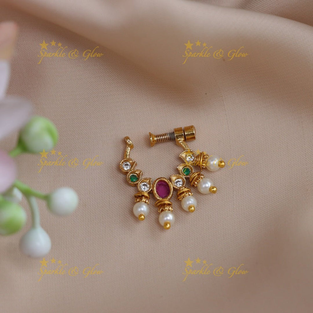 Elegant mango design pink and white stone nose pin - Sparkle and Glow - Multi - 