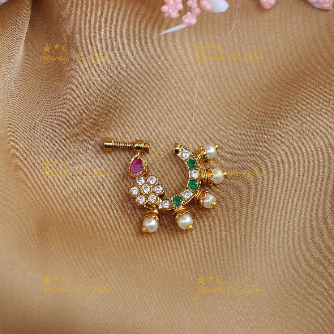 Simple and elegant floral design multi colour half moon nose pin - Sparkle and Glow
