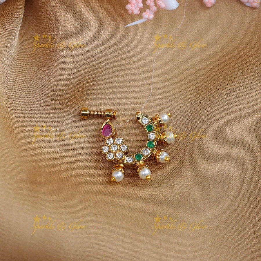 Simple and elegant floral design multi colour half moon nose pin - Sparkle and Glow