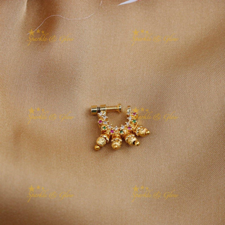 Elegant multi color AD stones with gold beads nose pin - Sparkle and Glow