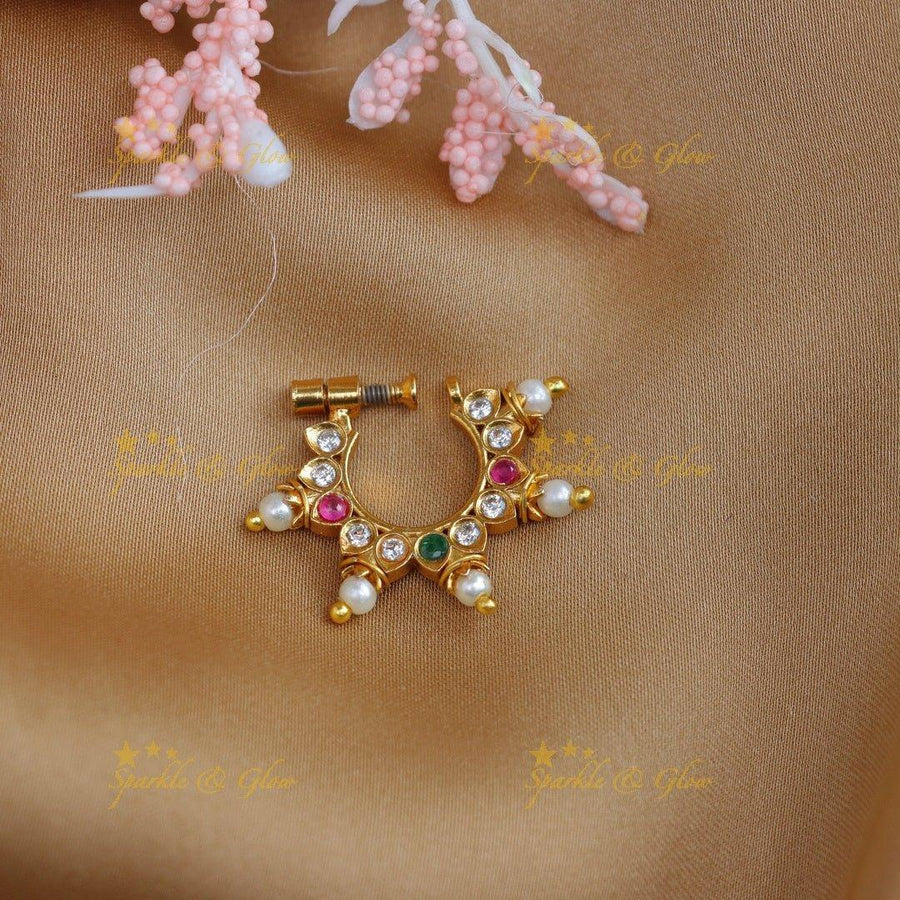 Stunning multi colour tear drop with pearl nose pin - Sparkle and Glow