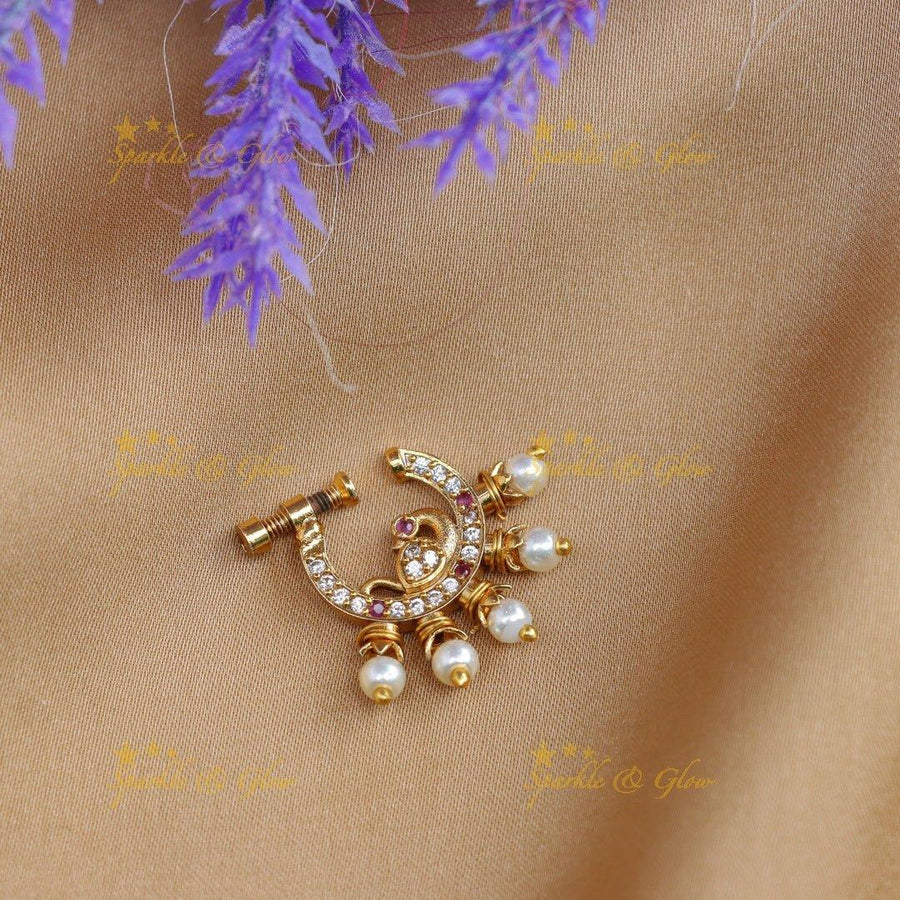 Beautiful pink and white peacock design nose pin - Sparkle and Glow