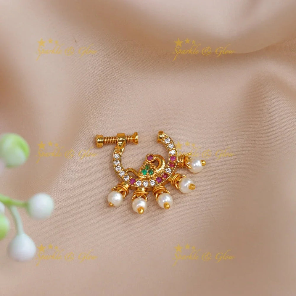 Beautiful pink and white peacock design nose pin - Sparkle and Glow