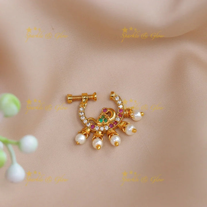 Beautiful pink and white peacock design nose pin - Sparkle and Glow