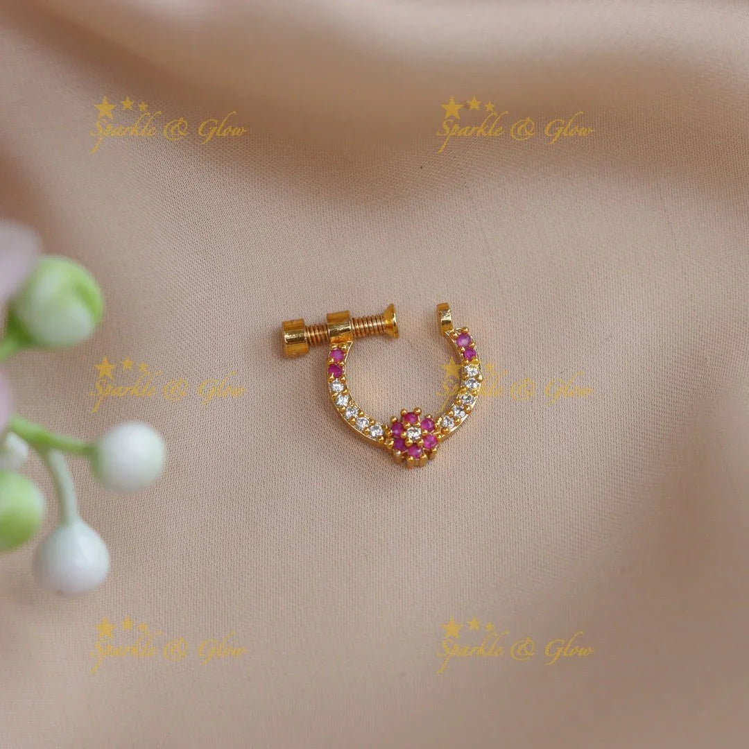 Beautiful white and pink floral nose pin - Sparkle and Glow