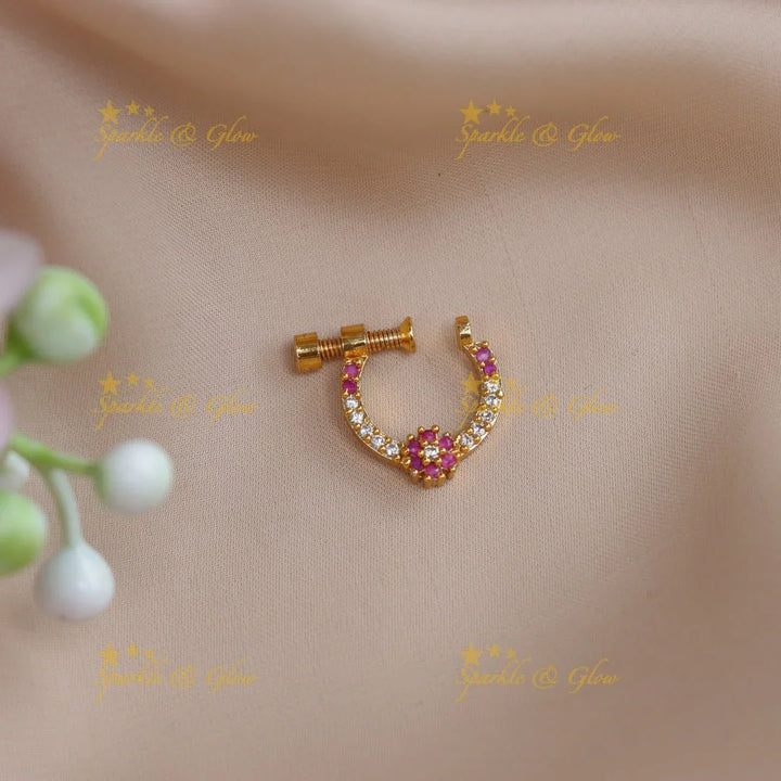 Beautiful white and pink floral nose pin - Sparkle and Glow