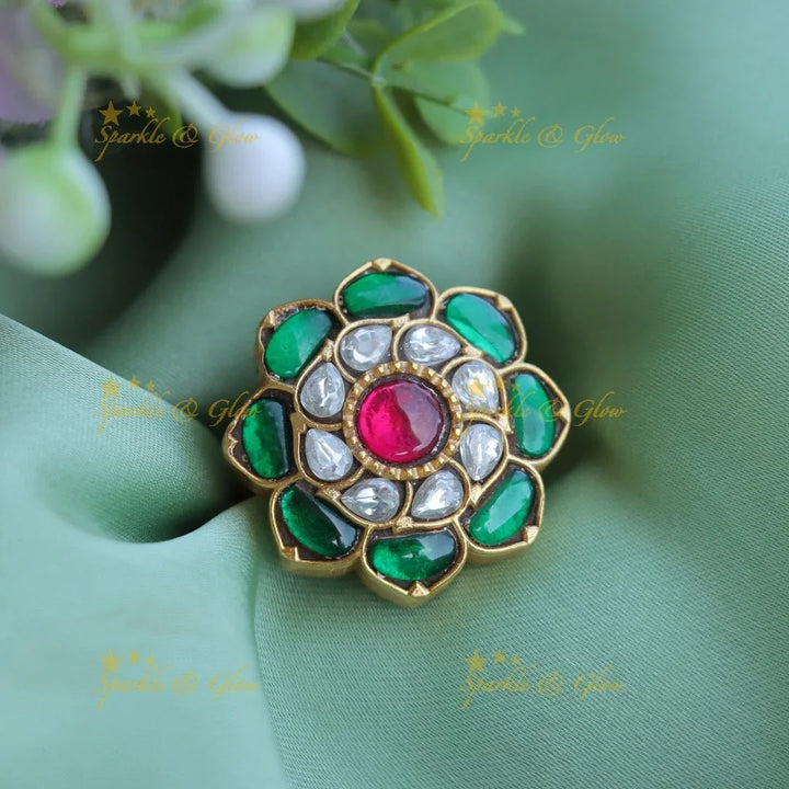 Elegant Floral jadau stones finger ring - Multi 1 - Sparkle and Glow
