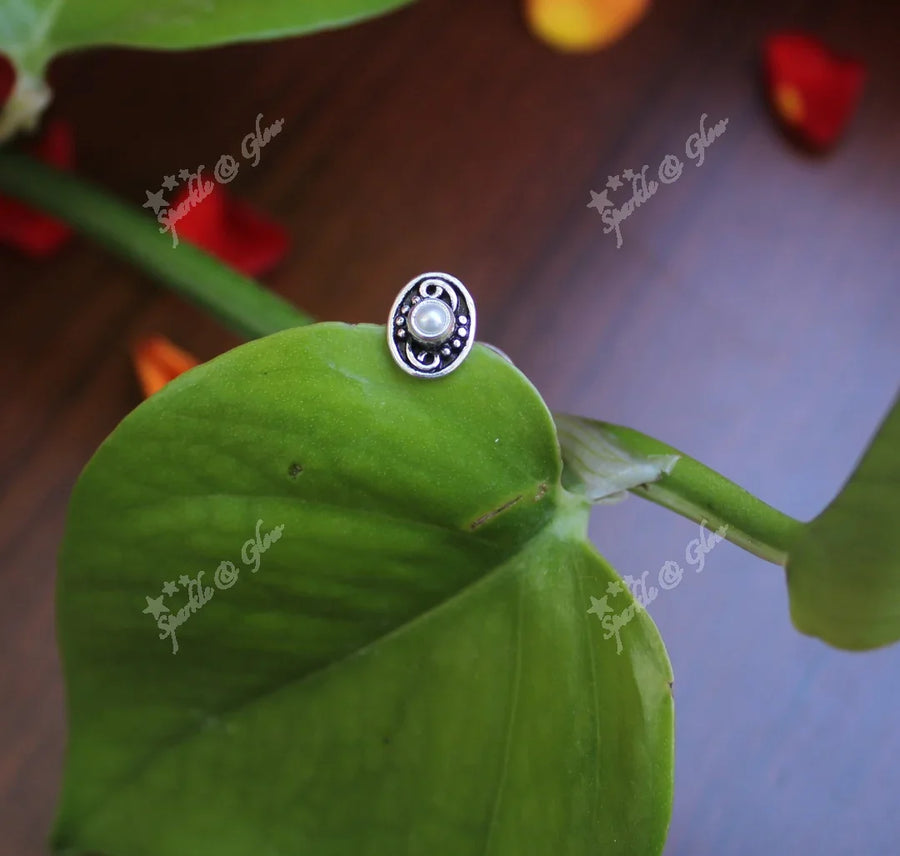 Sterling silver semi precious stone pierced nose pin - Pearl - Sparkle and Glow