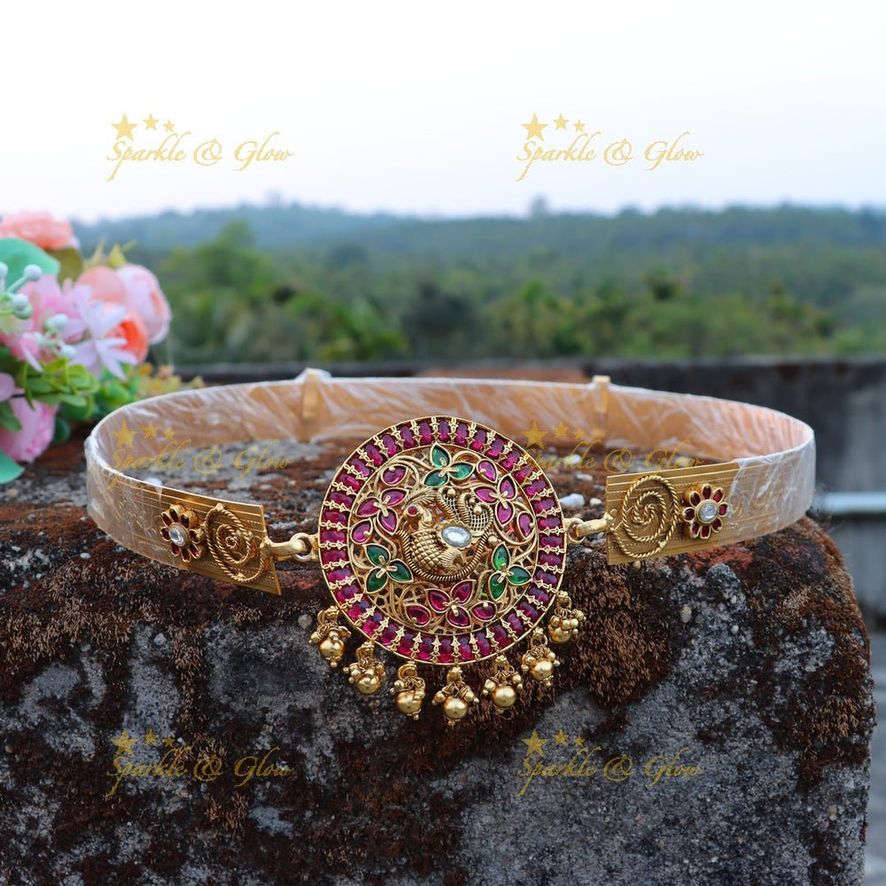 Beautiful kemp stone multi colour Peacock design hip belt - Gold - Sparkle and Glow - Gold - 