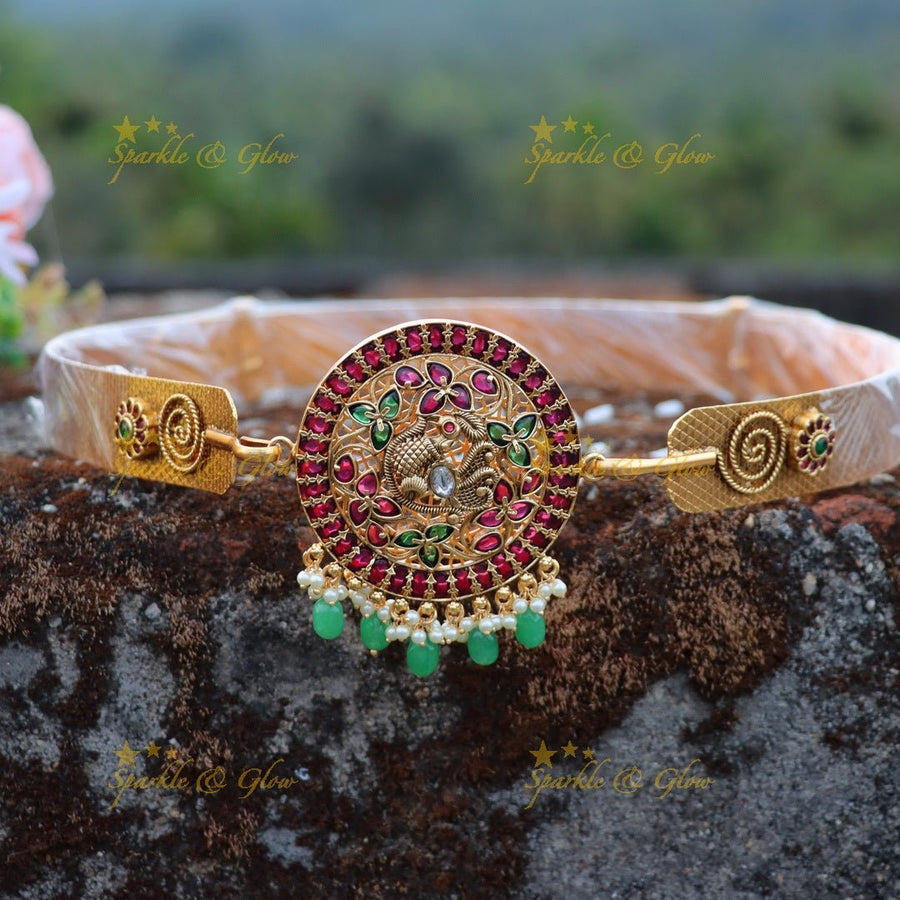 Beautiful kemp stone multi colour Peacock design hip belt - Gold - Sparkle and Glow - Mint green - 
