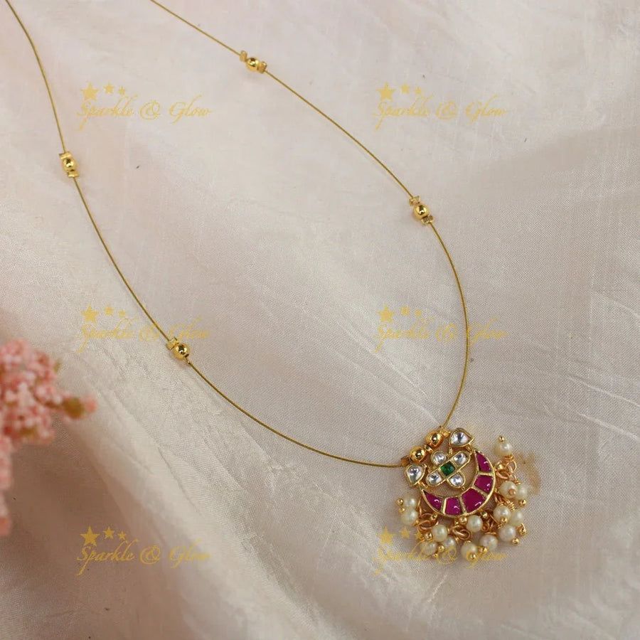 Elegant jadau multi colour pendant short necklace with pearl and invisible chain - Sparkle and Glow
