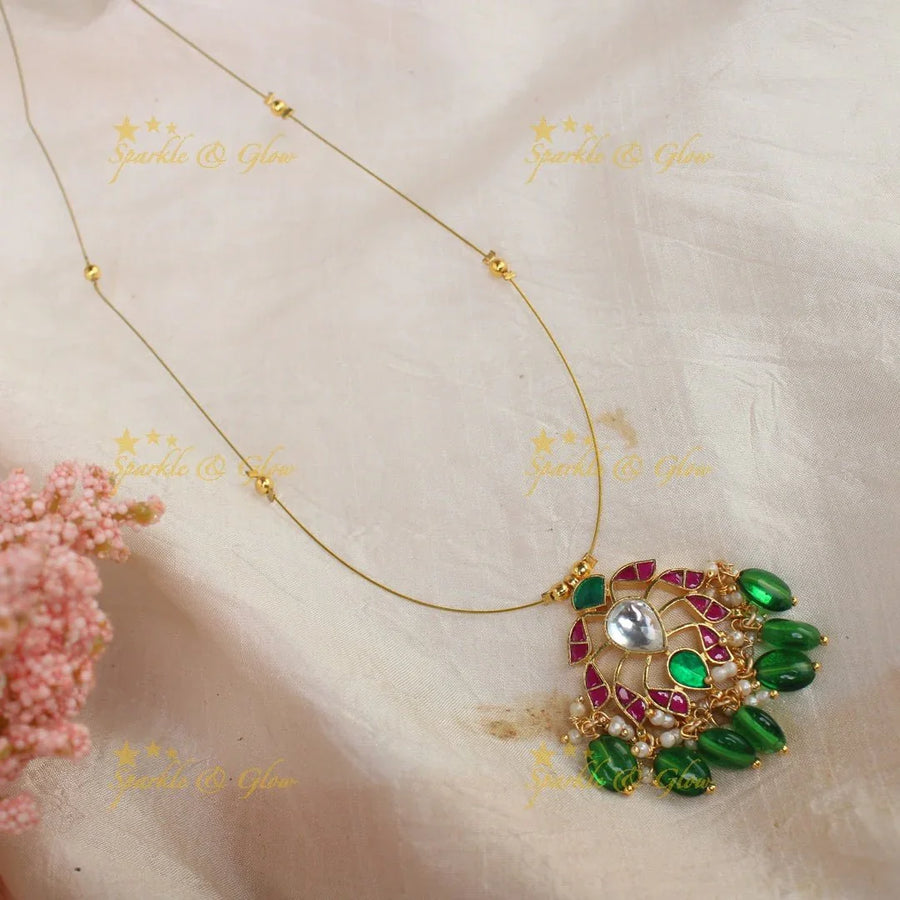 Beautiful jadau multi colour pendant short necklace with invisible chain - Sparkle and Glow