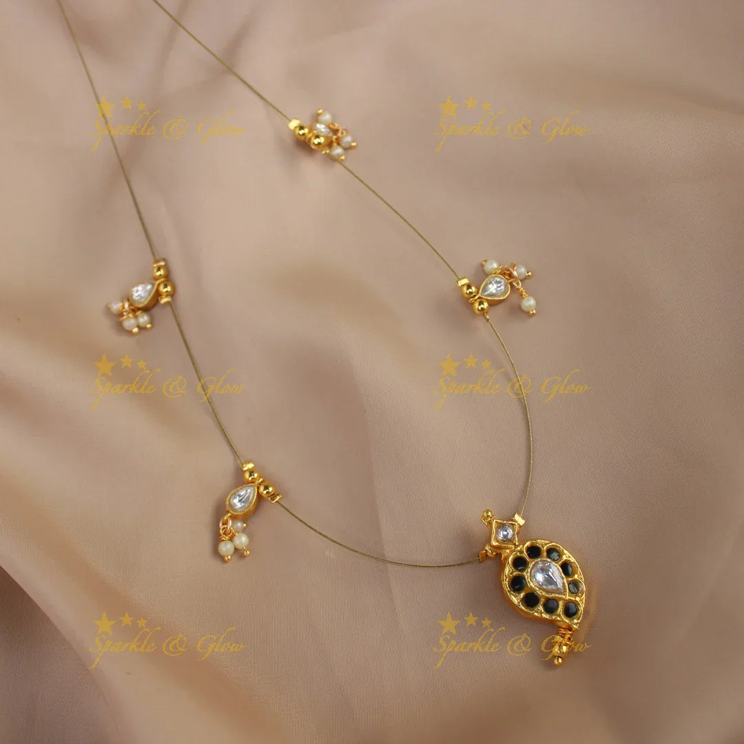 Stunning jadau mango design pendant short necklace with invisible chain - Blue - Sparkle and Glow