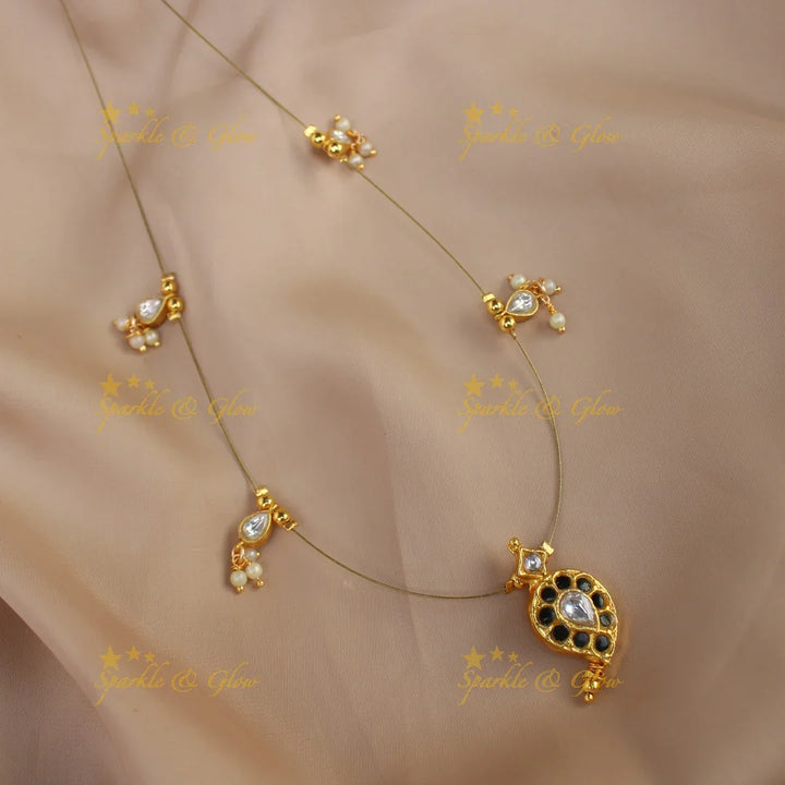 Stunning jadau mango design pendant short necklace with invisible chain - Blue - Sparkle and Glow